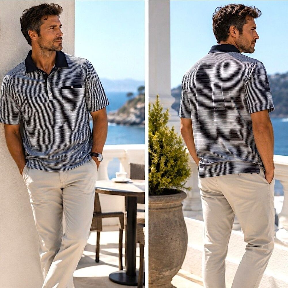 Travis Mathew L Active Performance Golf Polo Gray Preppy Striped Short Sleeve